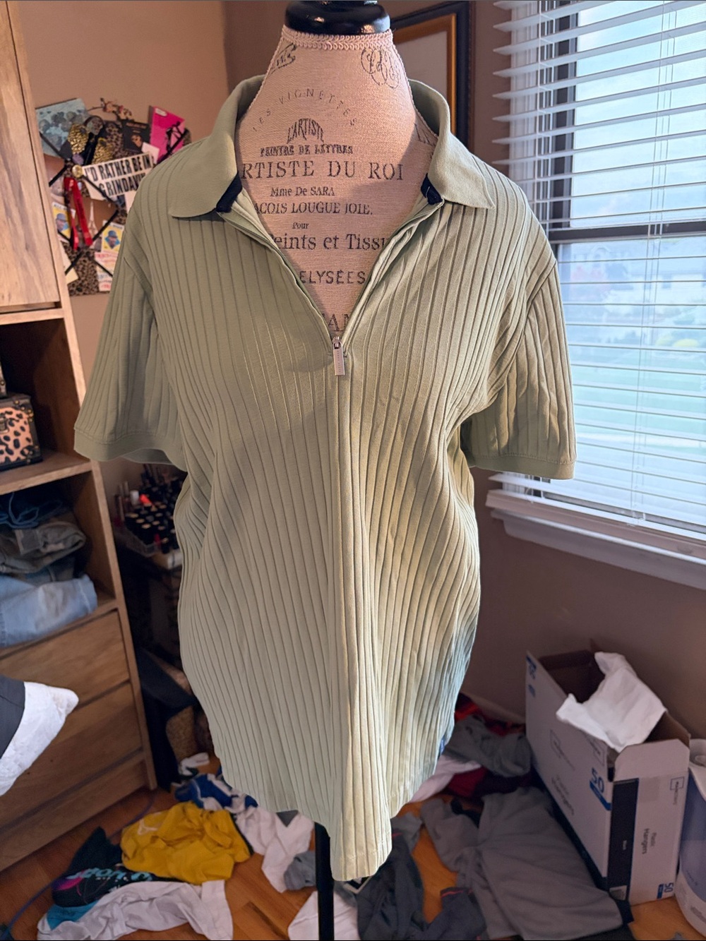 Perry Ellis Olive Green Ribbed Zip-Front Polo Shirt - Large